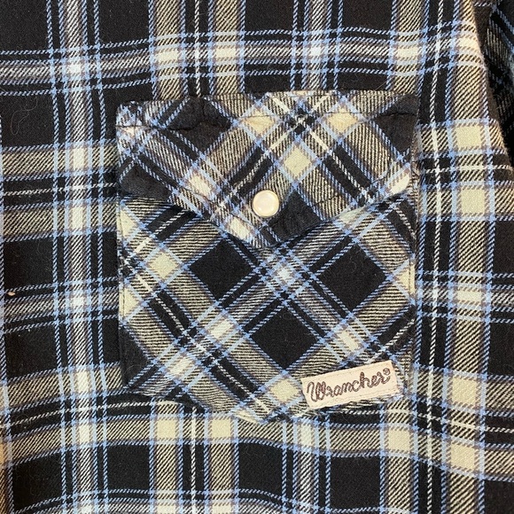 Wrangler Wrancher Vintage Blue Plaid Flannel Shirt w/ Pearl Snap Buttons size XL - Picture 2 of 10